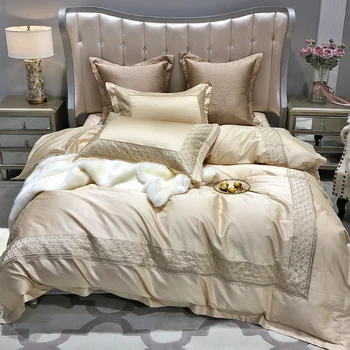 

Premium Luxury 120S Egyptian cotton Embroidered Bedding set Queen King Solid Beige Duvet cover Royal Bed sheet set Pillowcases