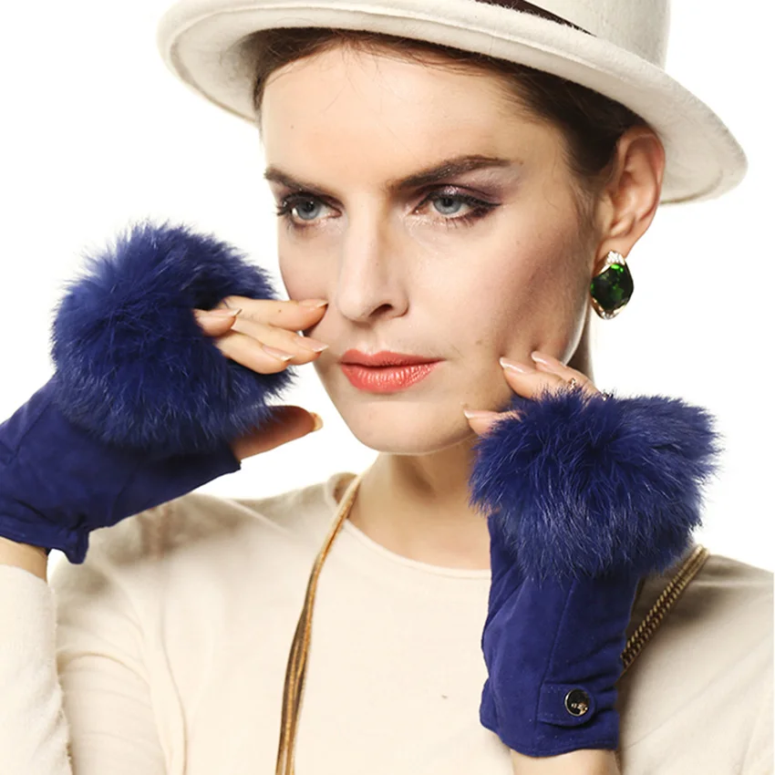 Модные женские перчатки без пальцев из натуральной кожи и замши, женские перчатки с кроличьим мехом, женские перчатки без пальцев EL019NC - Цвет: Синий