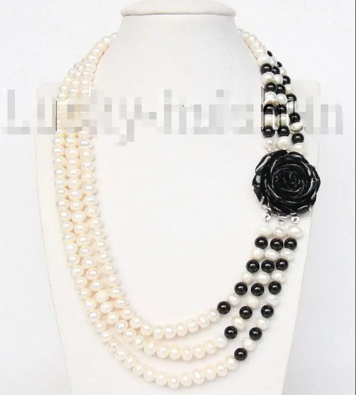 

FREE SHIPPING HOT sell new Style >>>>> 17"-20" 8mm 3row round white freshwater pearls black agate necklace j9326