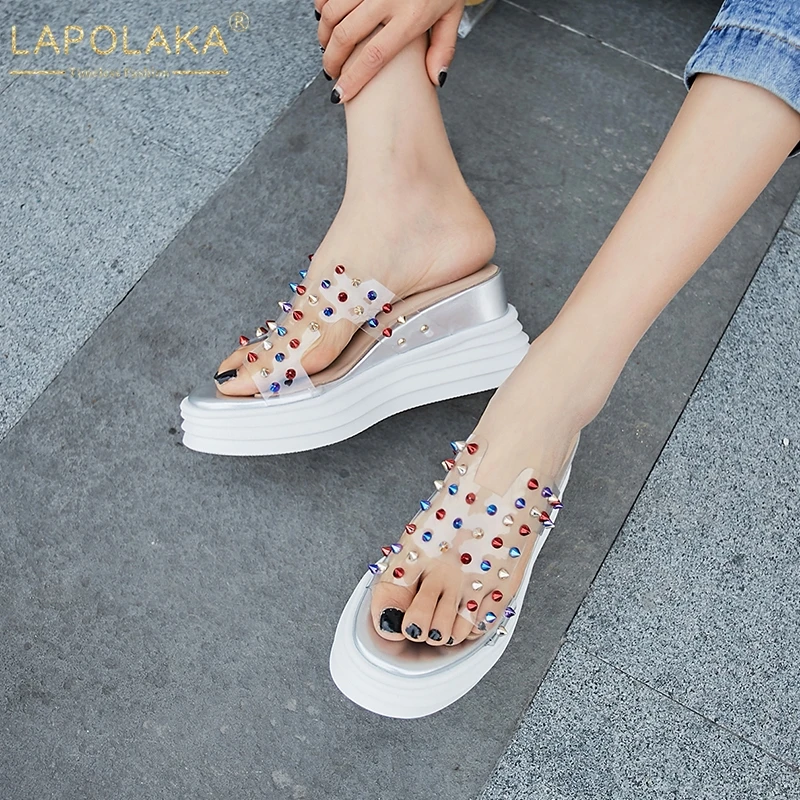 

LAPOLAKA New Fashion Rivet Branch Slippers Women High Heels Platform Sheepskin Insole Slippers Women Wedges Shoes Woman