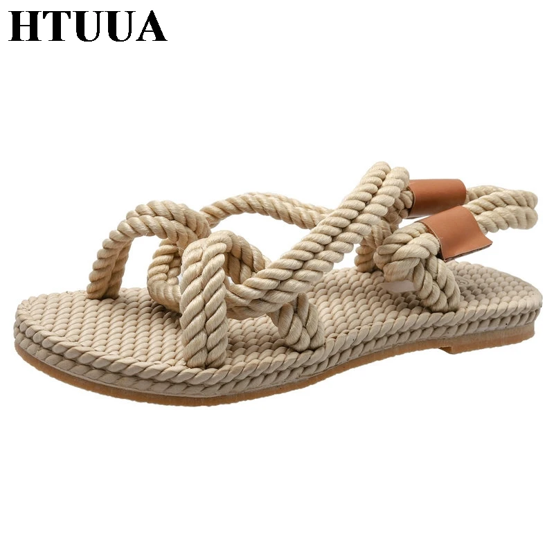

HTUUA 2019 New Hemp Rope Weave Women Sandals Summer Shoes Woman Boho Beach Flat Sandals Ladies Sandalia Feminina SX2458