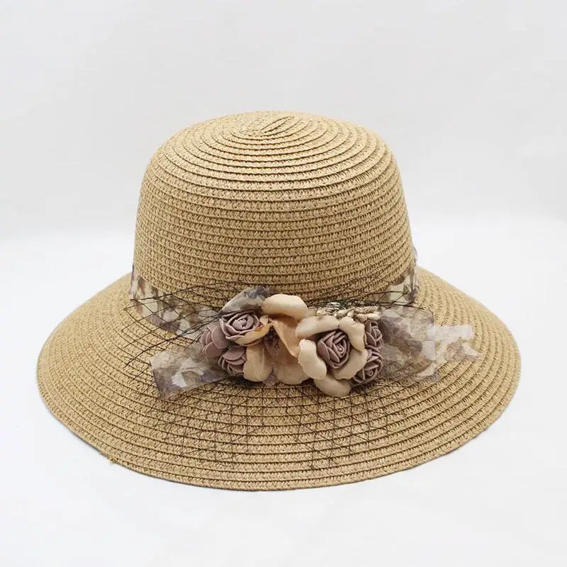 

Fashion Flower Decor Lace Net yarn Wide Brim Caps Summer Beach Sun Protective Hat Fedora Straw Hats for Women