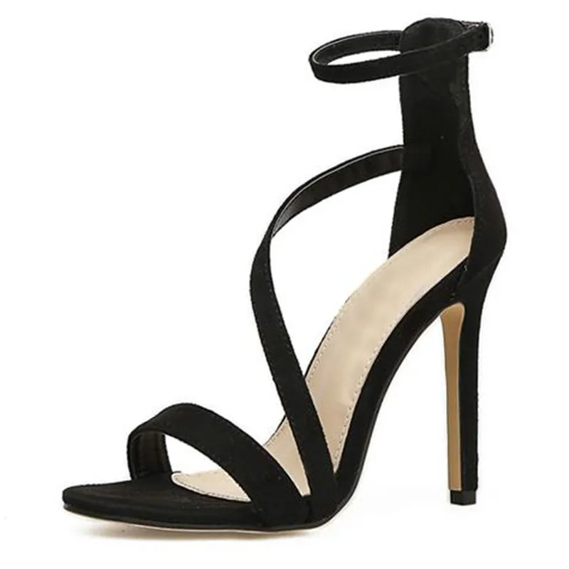 

Dropshipping New Fashionable Sexy Design Line Style Buckle Thin High Heels Black Faux Suede Open Toe Dress Women Sandals Shoes