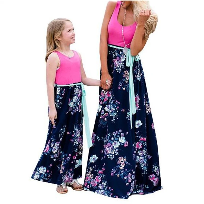 

Mother Daughter Dress Floral Patchwork Sleeveless Long Dress with Pocket Mommy and Me Beach Dress New Matching Family Clothing