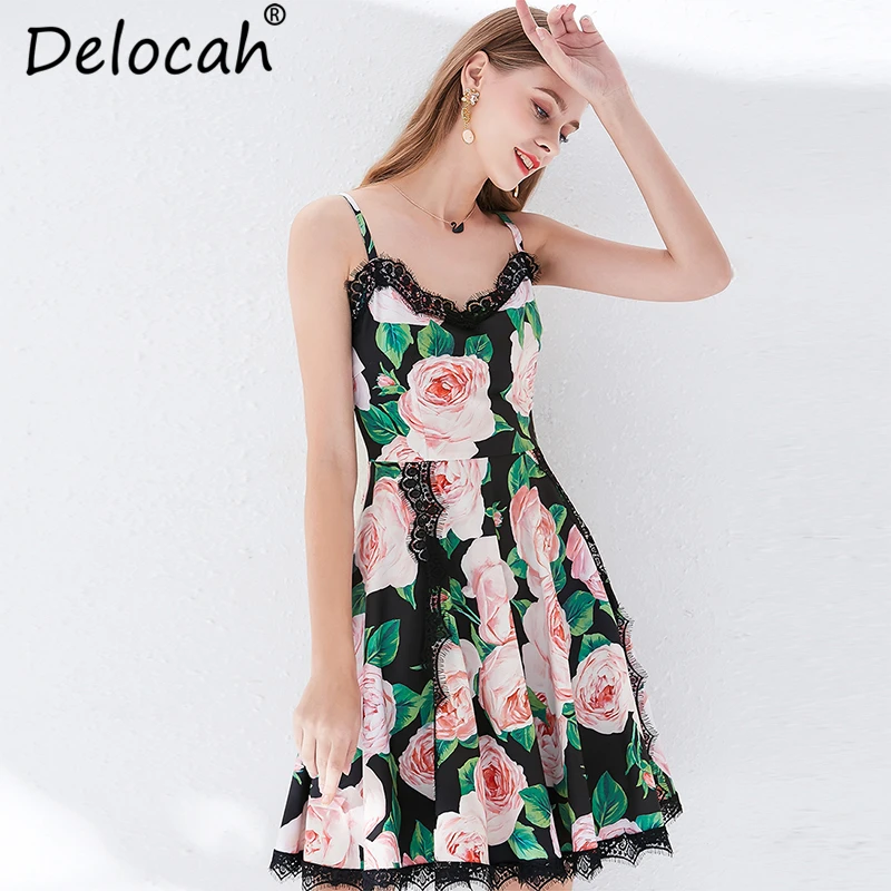 Delocah Women Summer Spaghetti Strap Dress Runway Fashion Designer Sexy Backless Lace Floral Print Elegant Casual Holiday Dress