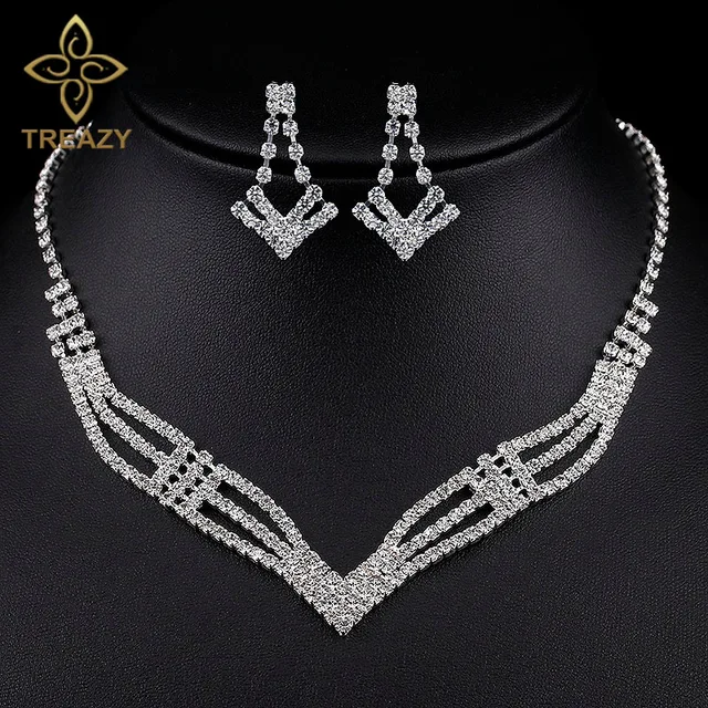Treazy Simple Crystal Bridal Jewelry Sets Silver Color Rhinestone Treazy Simple Crystal Bridal Jewelry Sets Silver Color Rhinestone Geometric Earrings Necklace For Women Wedding
