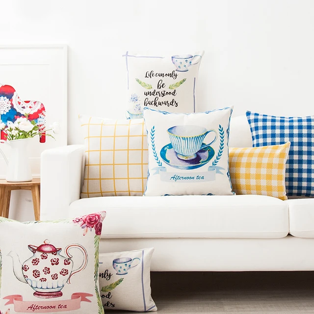 American Tea Cup Pillow Cover Linen Cotton Teapot Cushion Cover