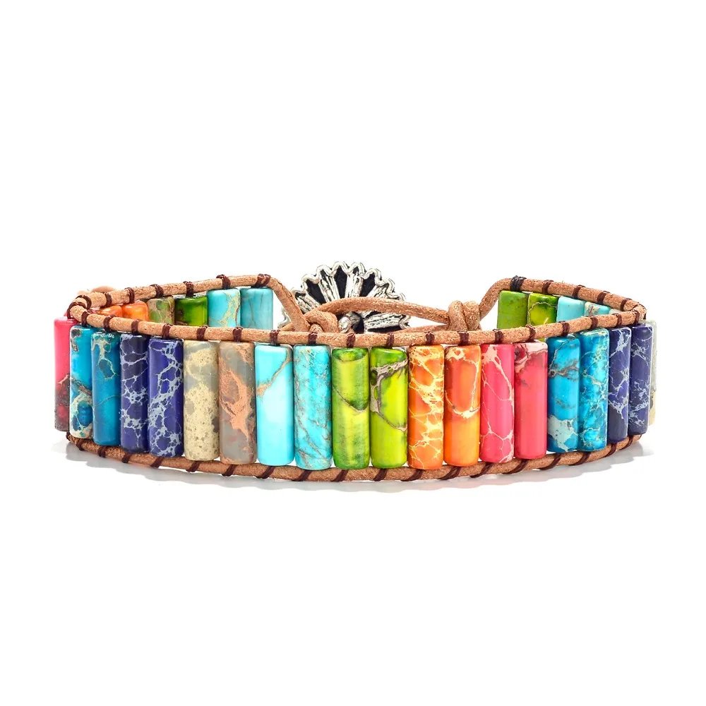 Chakra Bracelet Jewelry Handmade Rainbow Natural Stone Tube Beads Leather Wrap Bracelet Couples Bracelets Creative Gifts