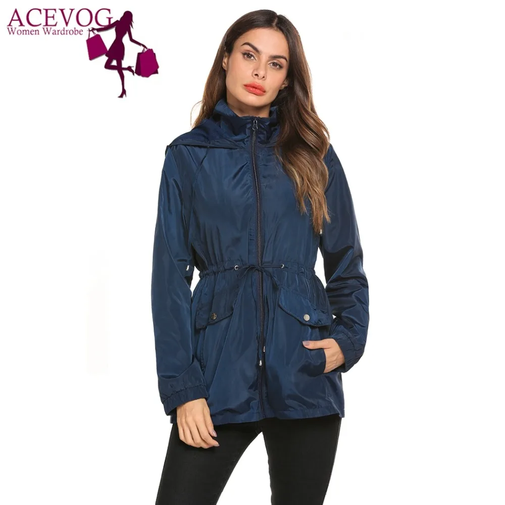 

ACEVOG Women Jackets Pockets Outwear Casual Regular Long Sleeve Zip Windbreaker Outdoor Drawstring Camping Up Thin Hooded Coat