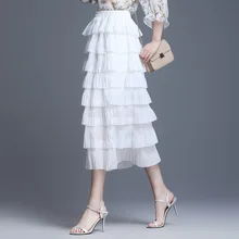 1618 летняя черно-белая шифоновая юбка женская миди в Корейском стиле с высокой талией, 8 слоев, с оборками, кекс, Женская юбка для офиса, большие размеры