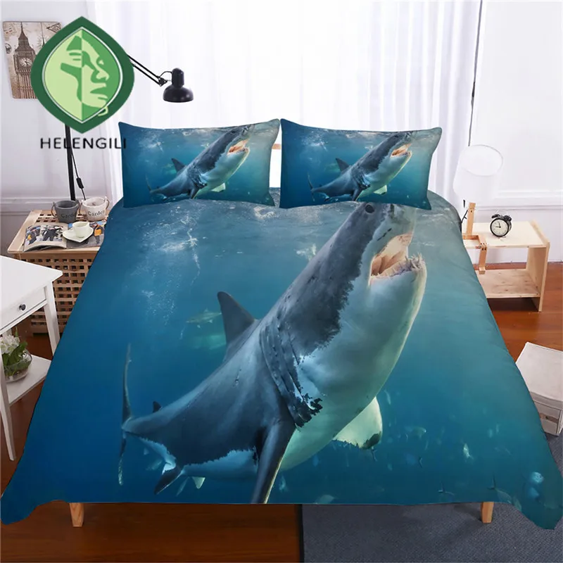 

HELENGILI 3D Bedding Set Shark Print Duvet Cover Set Lifelike Bedclothes with Pillowcase Bed Set Home Textiles #SY-10