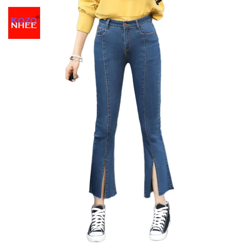 

Elasticity Bell Bottom Women's Jeans With High Waist Tight Stretching Ankle-Length Jeans Women Large Size With An Elastic Band