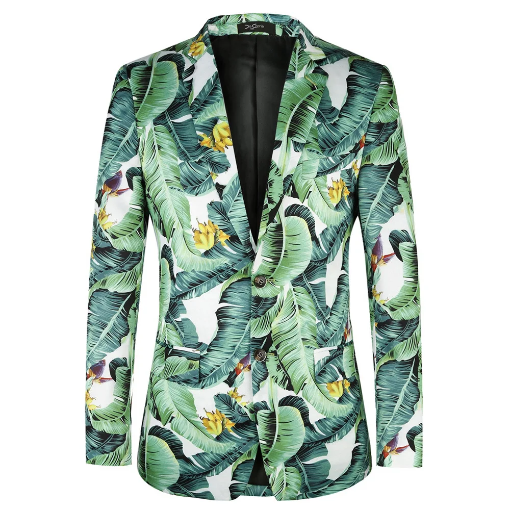 

2018 New Euro US Plus Size 4XL Tide Men Fashion Casual Green Banana Leaf Floral Print Suit Jacket Blazer Masculino Slim Fit