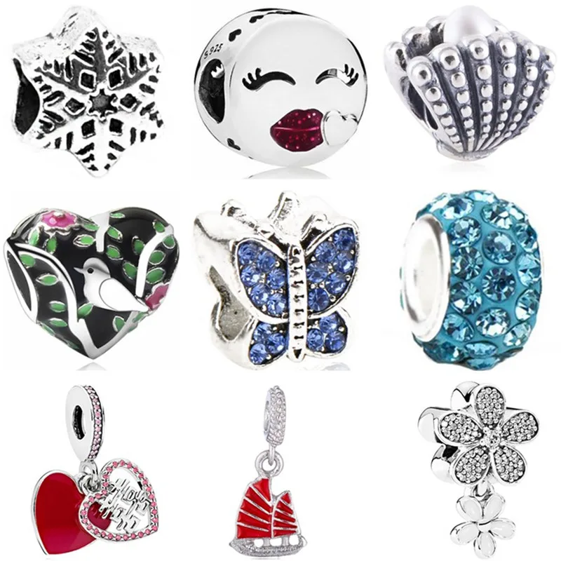 

Hot Selling Crystal Bird Shell Sailboat Strawberry Butterfly Heart Beads Fit Pandora Charms for Women DIY Jewelry Bride Gift