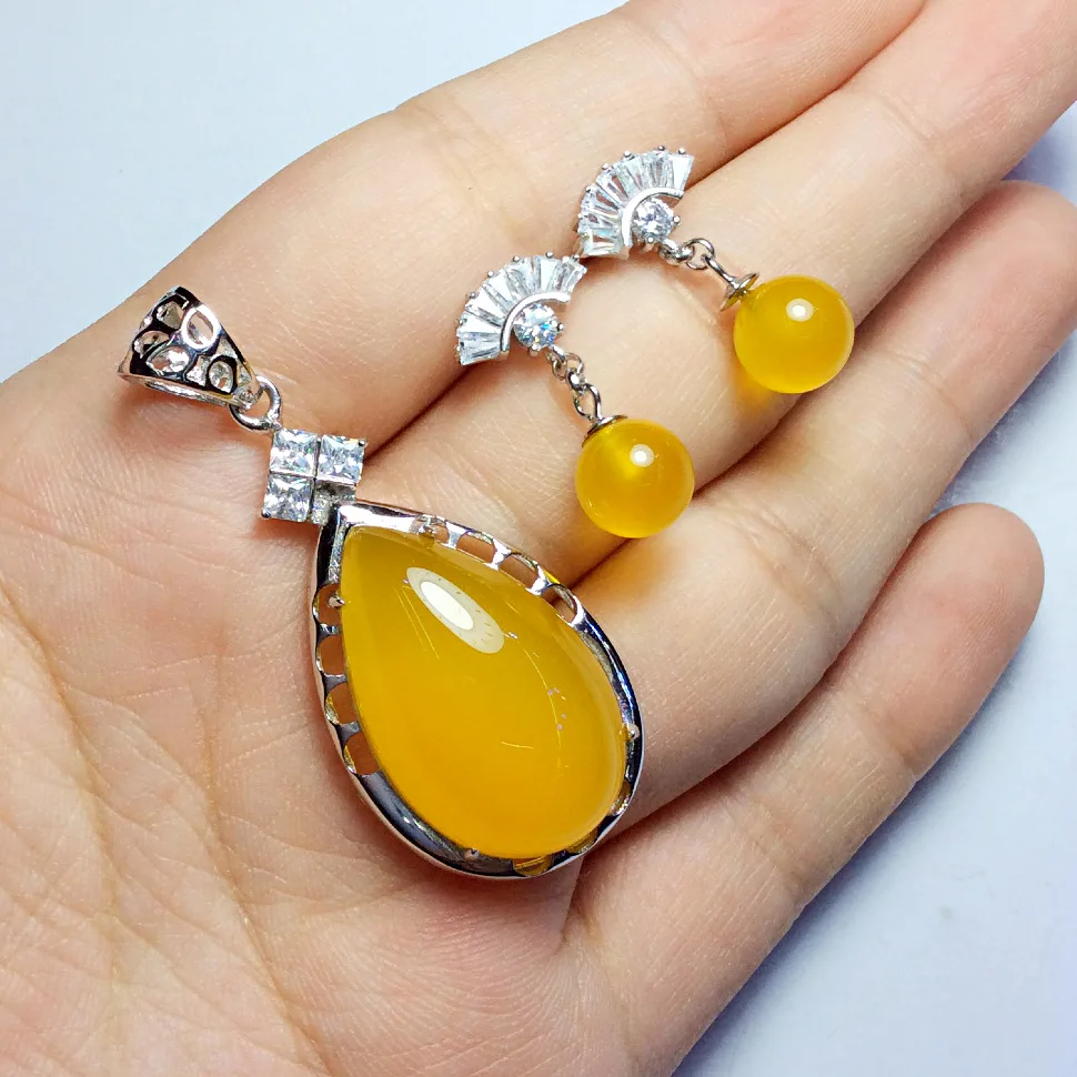 

S925 pure silver mosaic of pure natural yellow pendant Pendant Earring suit