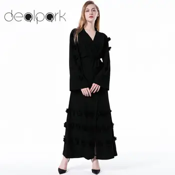 

Fashion Women Muslim Loose Robe Flowers Decor Front Open Tied Waist Long Sleeve Maxi Dress Arab Abaya Islamic Cardigan