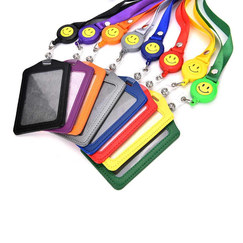  New ID Card Holder Smile Face Reel Lanyard Name Credit Card Holders Bank Card Neck Strap Card ID Ho