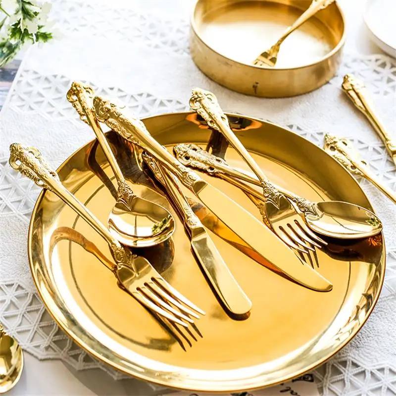 Роскошный Золотой набор посуды Винтаж Western Позолоченные приборы Нержавеющая сталь нож, вилка, набор серебряные столовые приборы серебряные столовые принадлежности