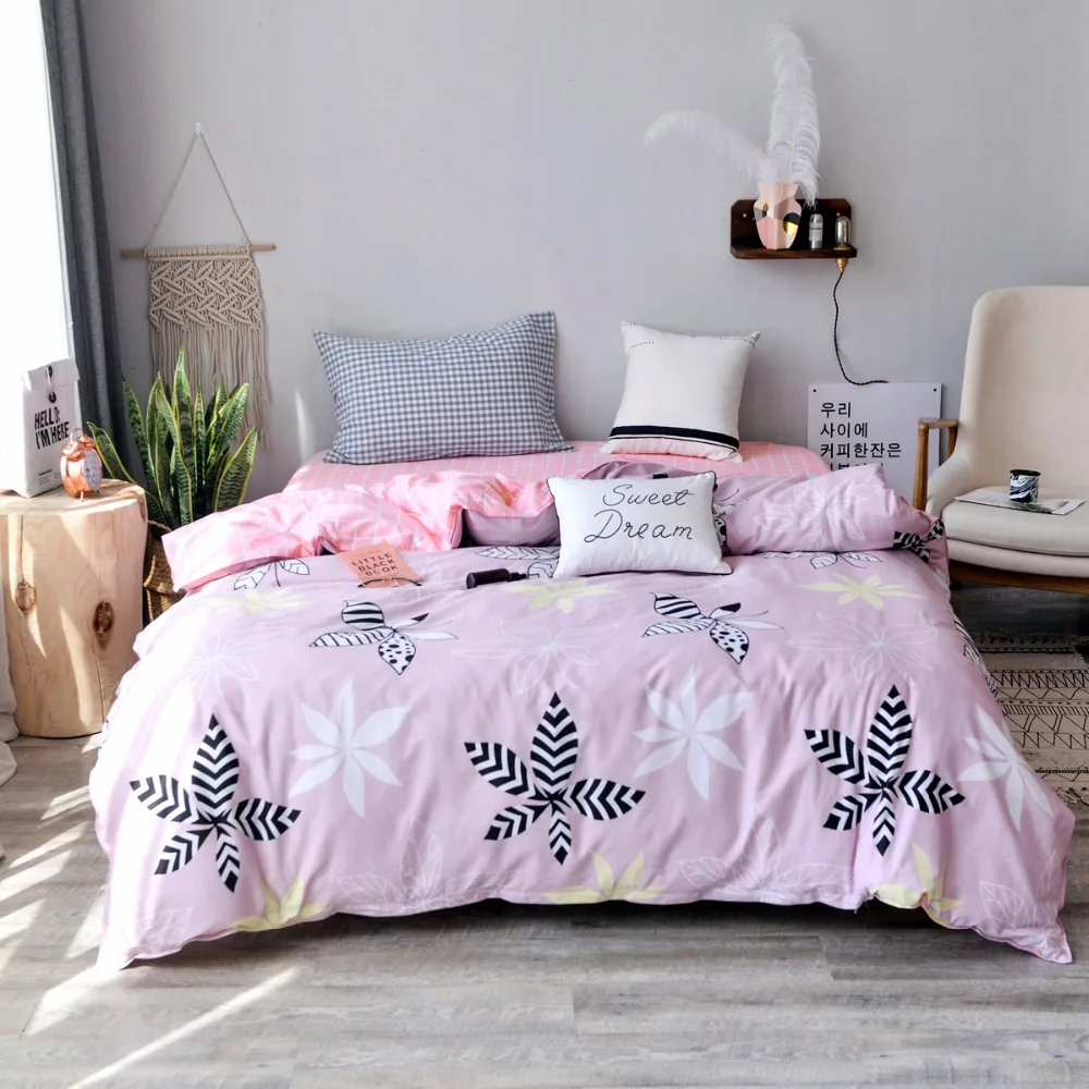 Pink Black White Leaf Print Single Duvet Cover Size 200x220cm 100