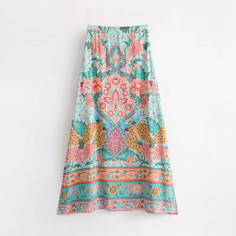 Boho Vintage Floral Print Long Skirt Women New Fashion Elastic Waist Lace Up Tassel Summer Beach Skirts Casual Saia Mujer | Женская