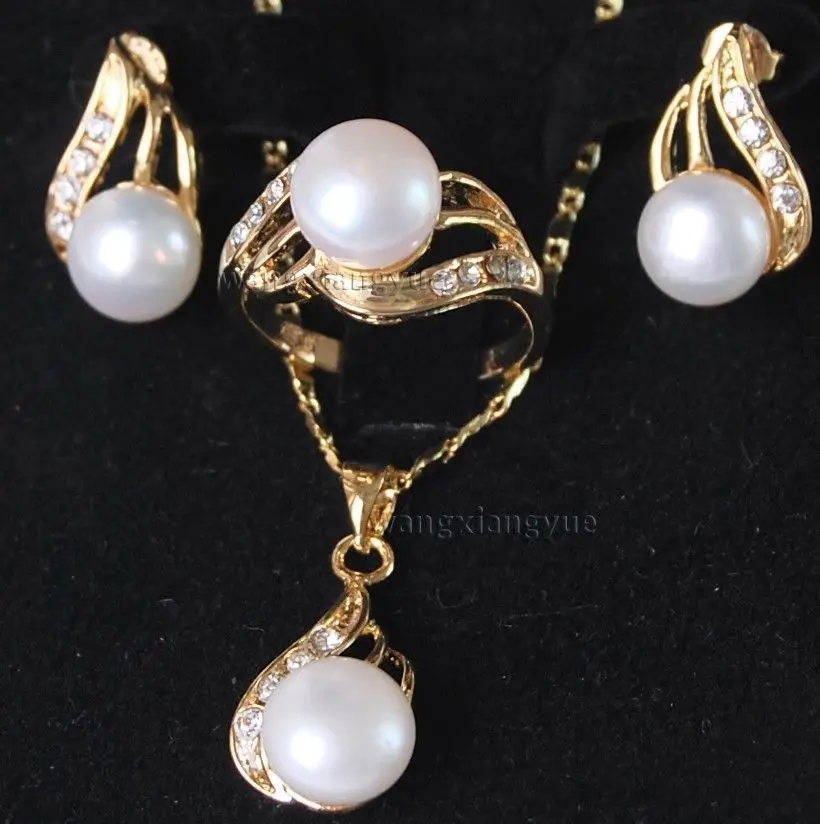 

shipping Genuine White Akoya Cultured Pearl ring earrings Necklace Pendant Set AAA new