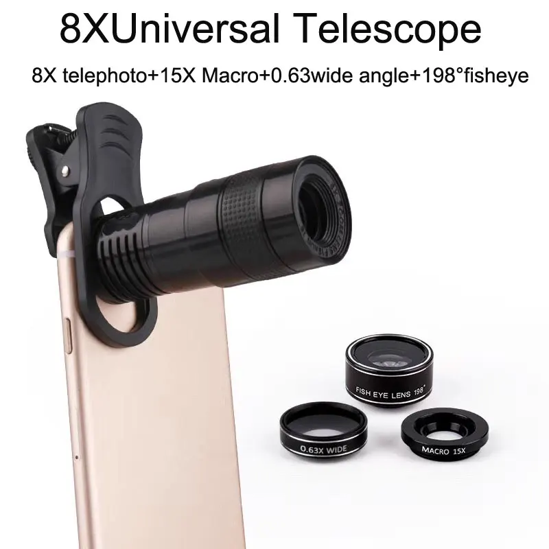 

Universal Clip 8X Zoom Cell Phone Telescope Lens Telephoto External Smartphone Camera Lens For iPhone Samsung Huawei Xiaomi 4in1