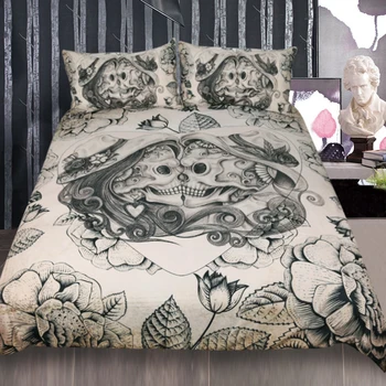 

3D Digital Printing Skull Bedding Set King Top Rated Boys Duvet Cover 3 Pieces Couples Vintage Bedclothes Floral Double Love