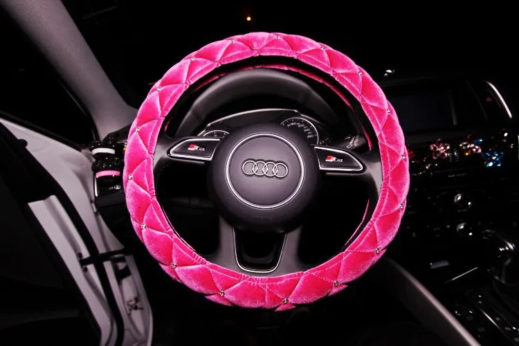 Зимний байковый чехол рулевого колеса автомобиля хрустальные стразы мех рулевое колесо чехлы розовый автомобиль аксессуары для интерьера - Название цвета: Розовый