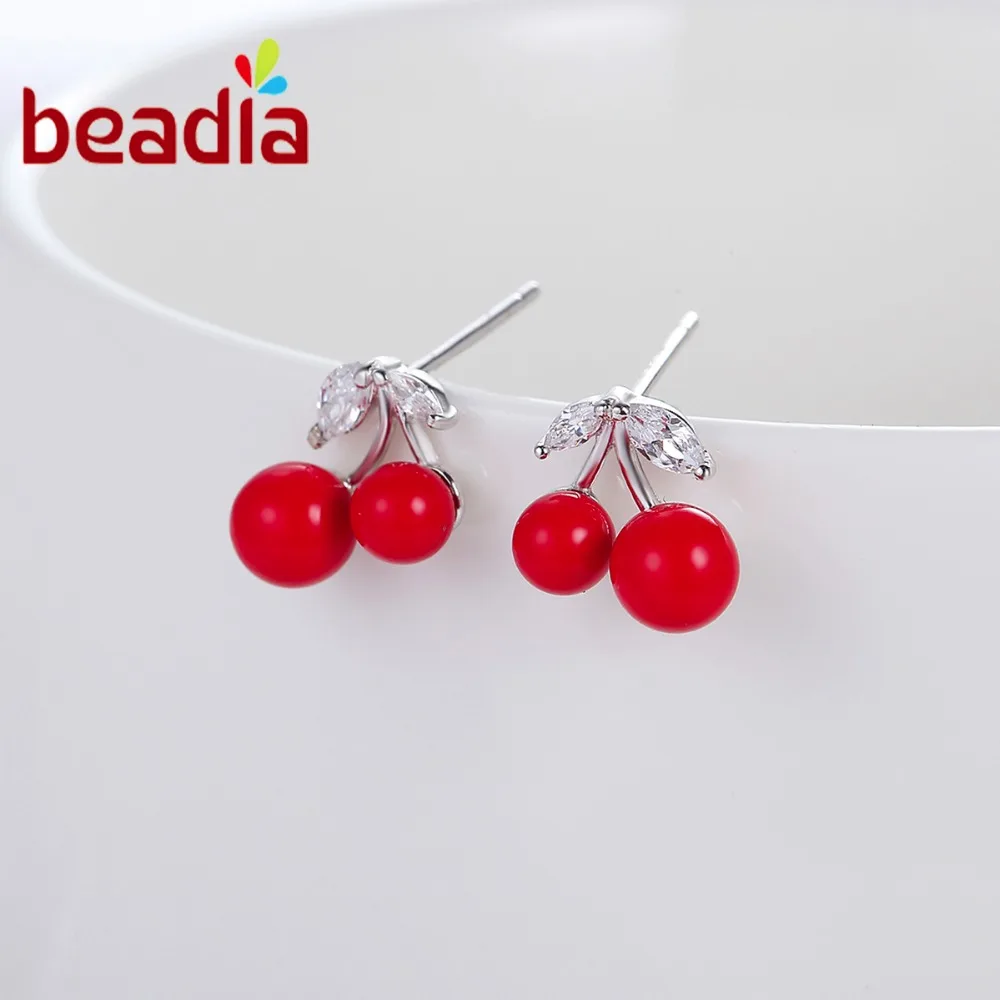 Sweet Red Cherry Stud Earrings For Women Girl Fine Jewelry Real 925