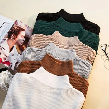 

2020 New Korean Autumn Winter Half turtleneck Sweater Jacket Womens Long Sleeve Elasticity Pullovers Knitted Sweaters Woman x982