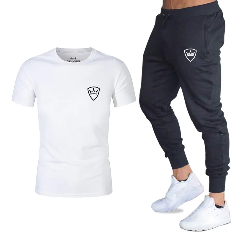 

Newest Fashion Men's Sets high quality Gyms Fitness Jogger Bodybuilding T Shirts+pants Suits Brand Logo Print trousers Tops men