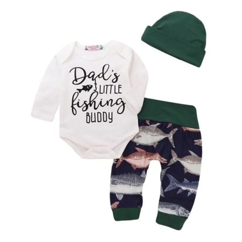 Newborn Baby Boy Fishing Tops Bodysuit Romper Long Pants Ledding Hat