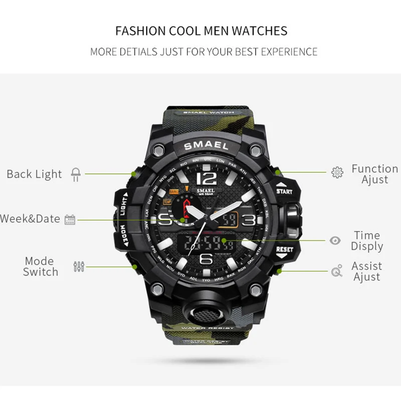SMAEL Brand Men Watch Dual Time Camouflage Military Watch Digital Watch LED Wristwatch 50M Waterpro