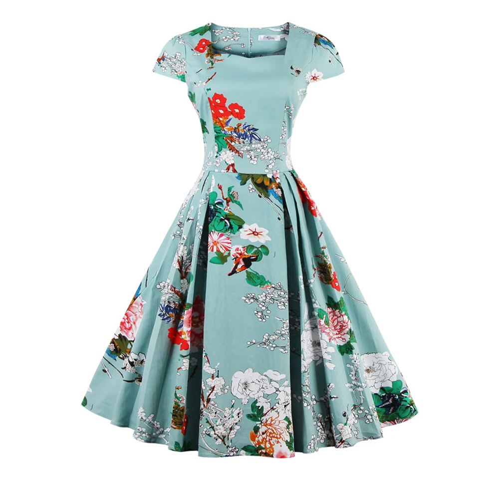 Women Plus Size S~4XL Cotton Stretchy Vintage Floral Dress 60s AudreyRetro Rockabilly Swing Elegant Feminino Vestidos