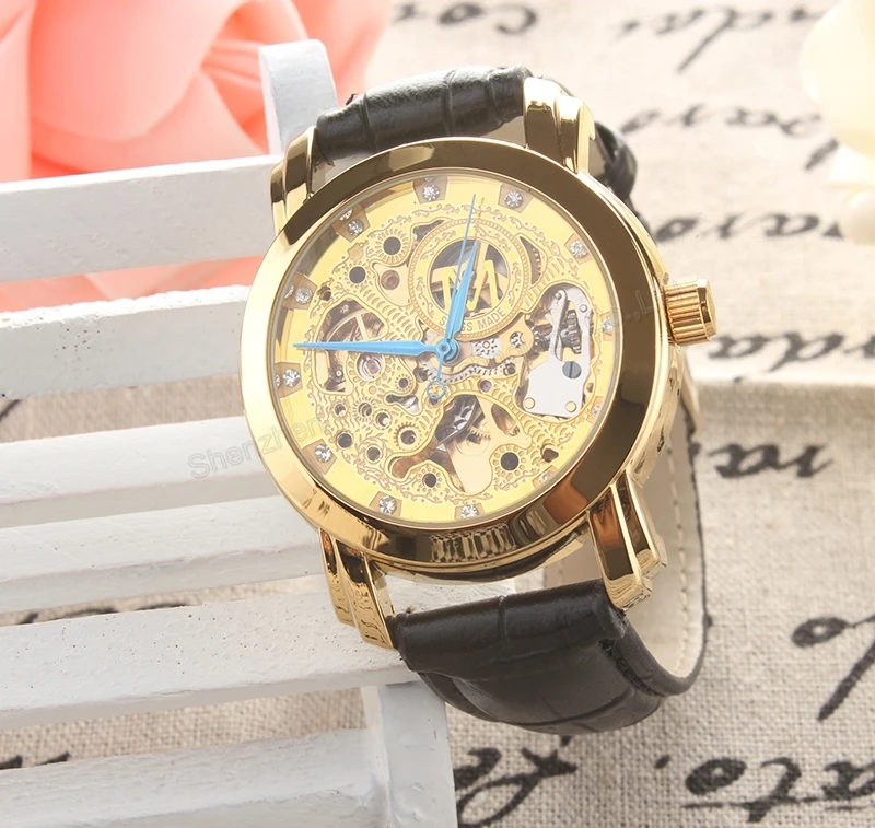 

M Skeleton Watch Men Automatic Self Wind Watches, Elegant Hollow Engraving Gold Dial Men Wristwatch Genuine Leather Watch