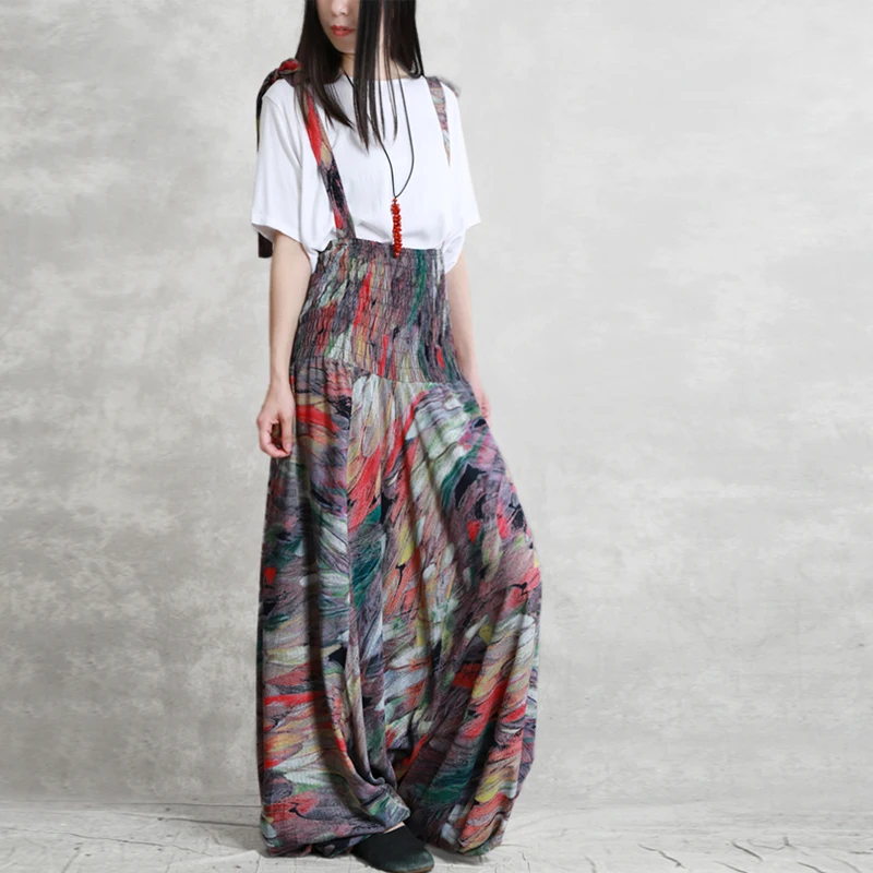 

2019 Spring and summer Pure cotton printing Leisure Cross crotch pants literature High waist Rompers Loose Wide leg pants N268