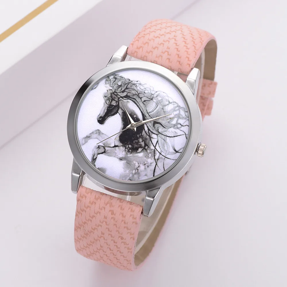Горячая Мода женские повседневные часы, кожа ремень конский узор печать циферблат кварцевые наручные часы женские часы подарок Montre Femme# B