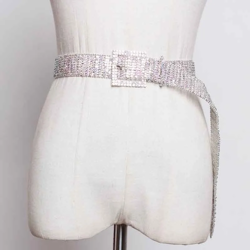 

[YaLee] New Fashion 2019 Summer Full Flash Rhinestone Decorative Metal Square Pin Buckle Long Girdle Belts Women A088