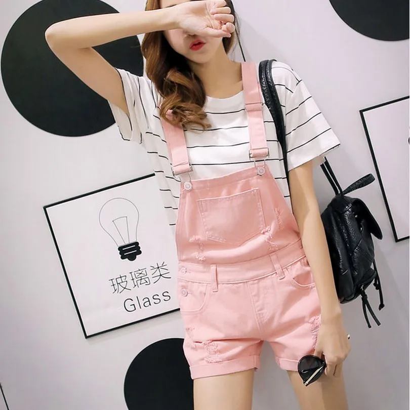 College Wind Summer Denim Bodysuit Shorts Slim Thin Straps Loose Plus Size Jumpsuit Casual Vintage White Black Pink Overalls