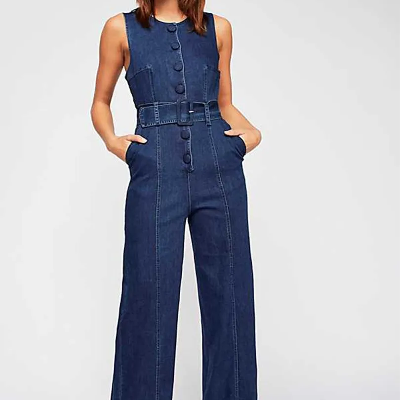 

2019 Casual Woman Denim Jumpsuits Overalls O Neck Solid Wide Leg Pants Rompers Sexy Sleeveless Jeans Jumpsuits