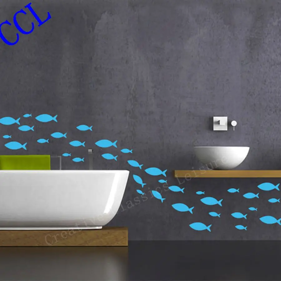 Free Shipping 35 fish / Lot Fish vinyl wall decal bathroom decor