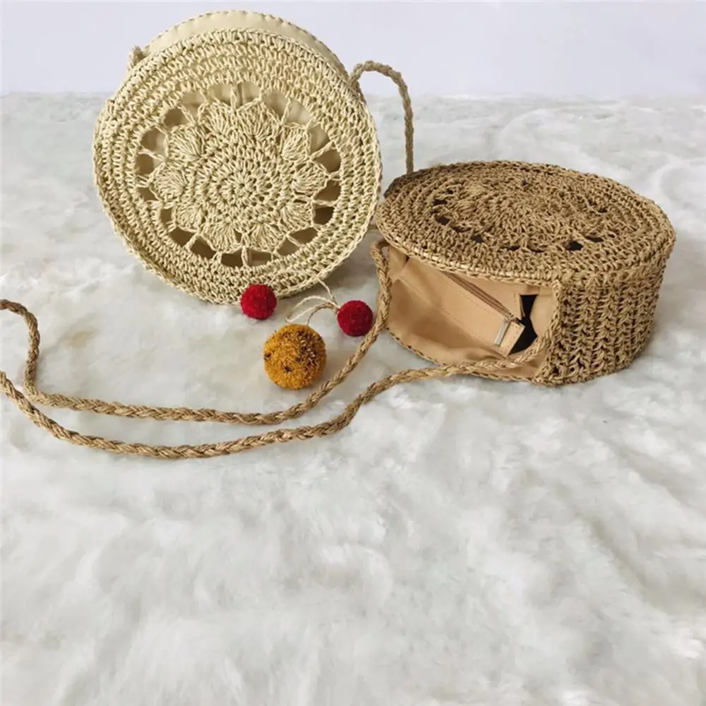 

Woven Rattan Bag Round Straw Shoulder Bag Small Beach HandBags Women Summer Hollow Handmade Messenger Crossbody Bags A