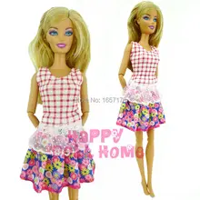 Summer Mini Dress Wedding Party Short Gown Princess Tartan Pattern Tops Skirt Costumer For Barbie Doll Clothes Play House Gift