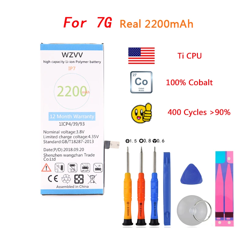 

wzvv 100% Original Battery For iphone 7 7G Real Capacity 2200mAh work with IOS 11.4/12 With Repair Tools Kit And Battery Sticker