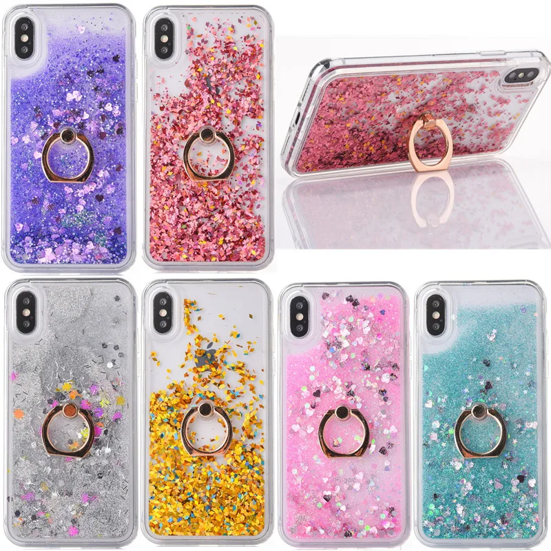 

NOWAL Bling Glitter Love Heart Stars Dynamic Liquid Quicksand Case Stand Finger Ring Cover For iPhone X 8 Plus 6 6S Plus 7 Plus