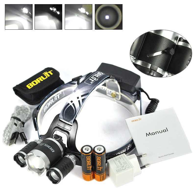 

B22 BORUIT Zoomable XM-L2+2XPE 3LED Micro USB Headlamp Headlight with 18650 Battery and Charger