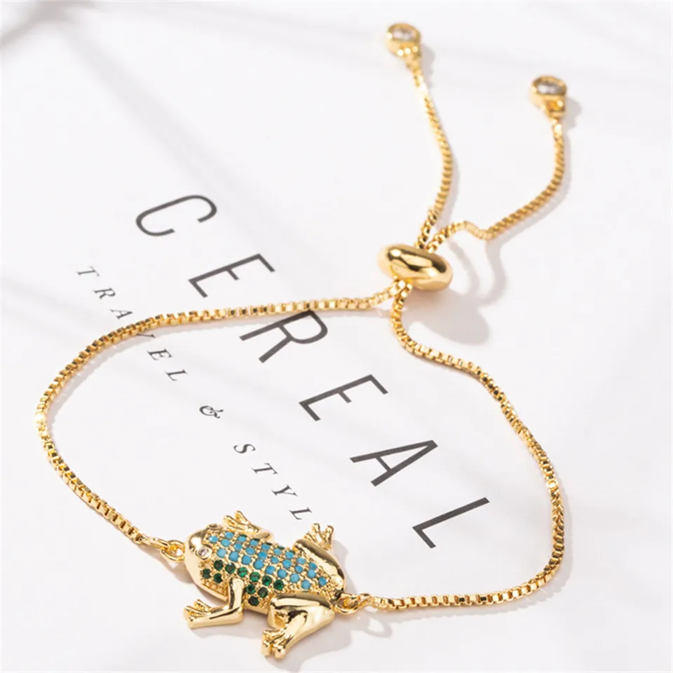 

High quality Cute Blue crystal frog Animal Golden & Silver Fashion Copper Bracelets for women Charm Trendy jewelry