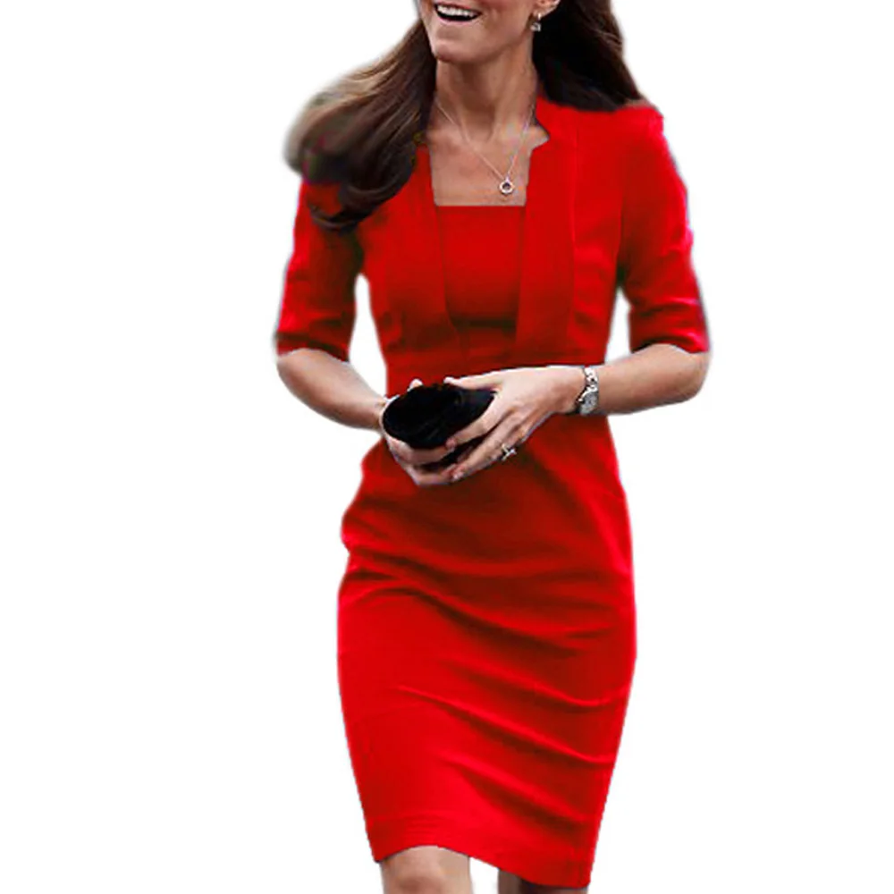 Новинка, Vestido, модные женские тропические винтажные деловые платья, облегающее платье-футляр, платье-туника, платье E693 - Цвет: Red