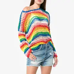 Европейские и американские Стиль ручной вязки Радуга свитер Для женщин осень выдалбливают Вязание Топы укороченные женские джемперы