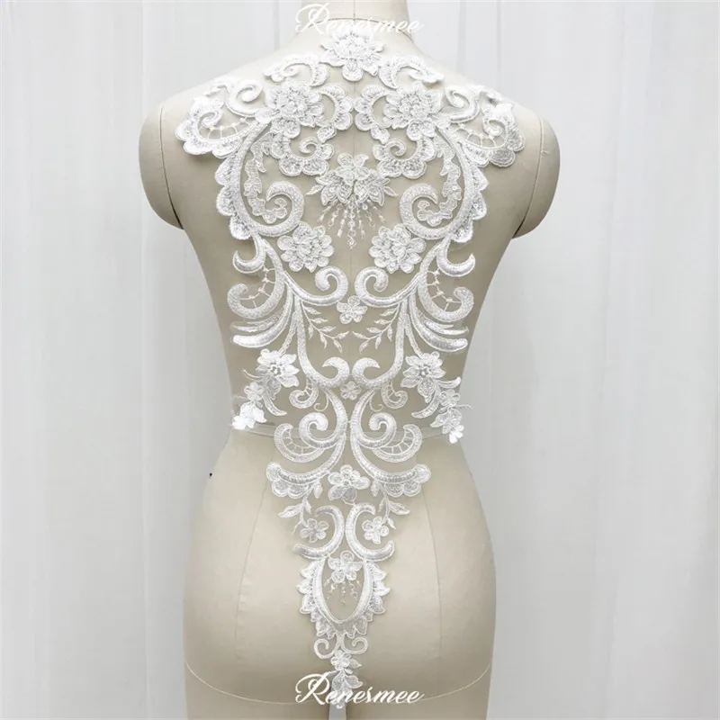 

1Pc Ivory Beaded Embroidery Lace Applique Fabric Embroidery Lace Collar Trims Wedding Bridal Applique For Stage Costume Dress